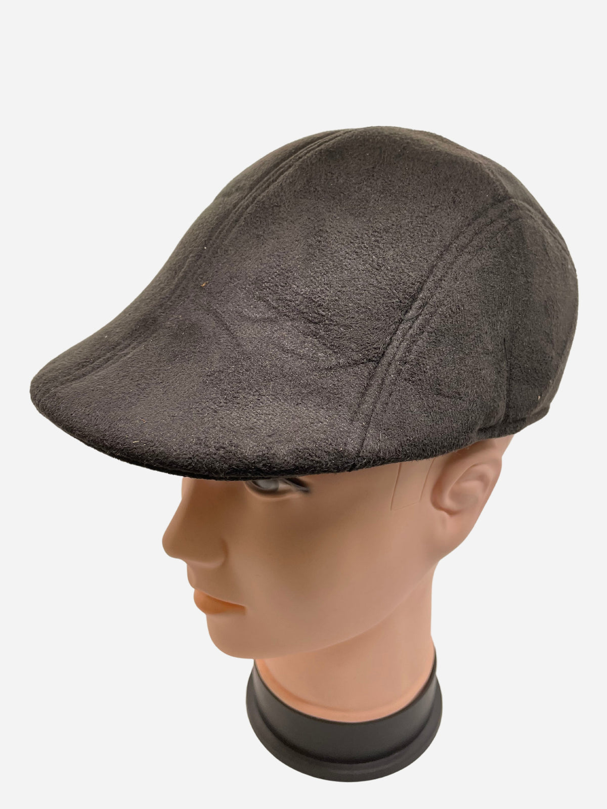 Dark brown newsboy-style flat cap with stitched panels and a short brim