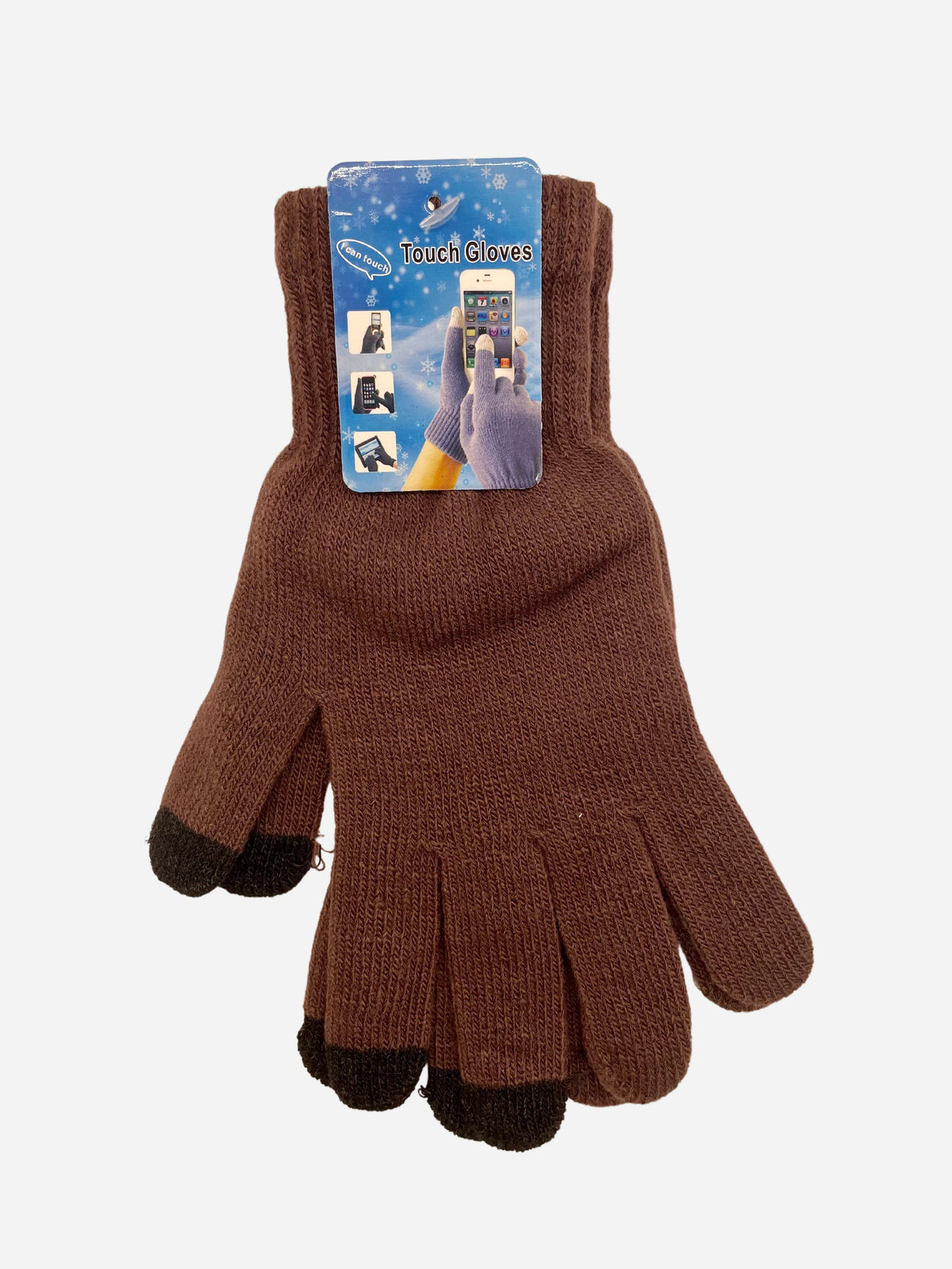 Brown knit touchscreen gloves with contrasting fingertips