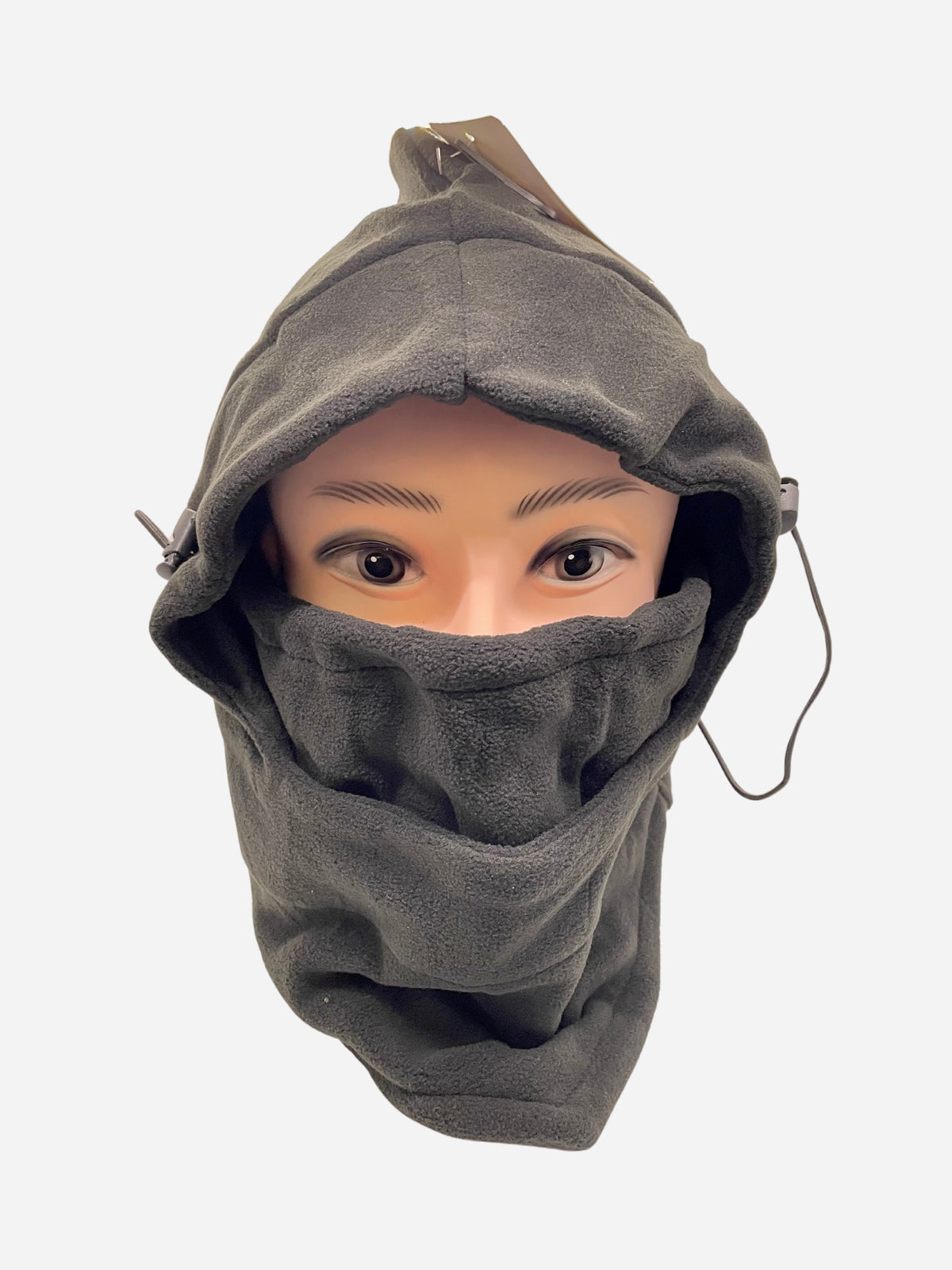Gray face-covering hood with an open eye area and adjustable drawcords, front view