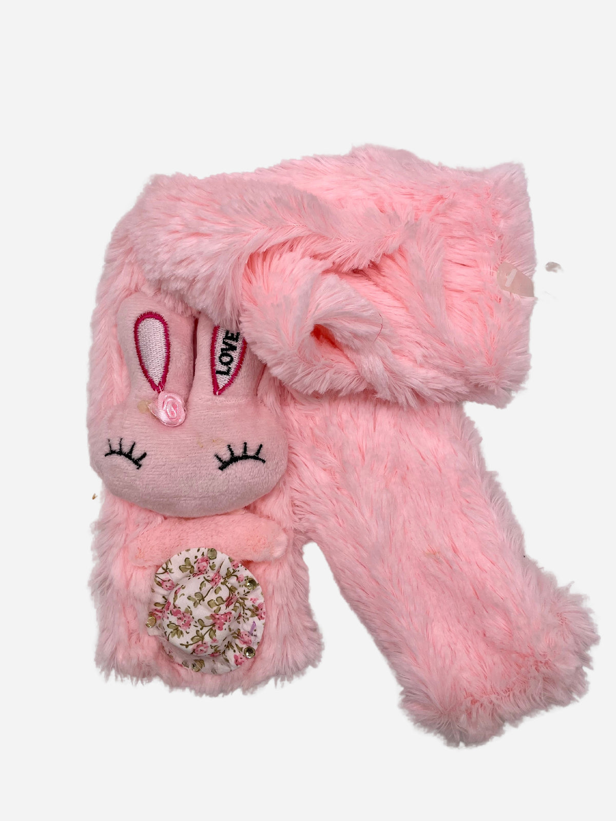 Pink plush children's scarf with an embroidered rabbit face and sequined decoration