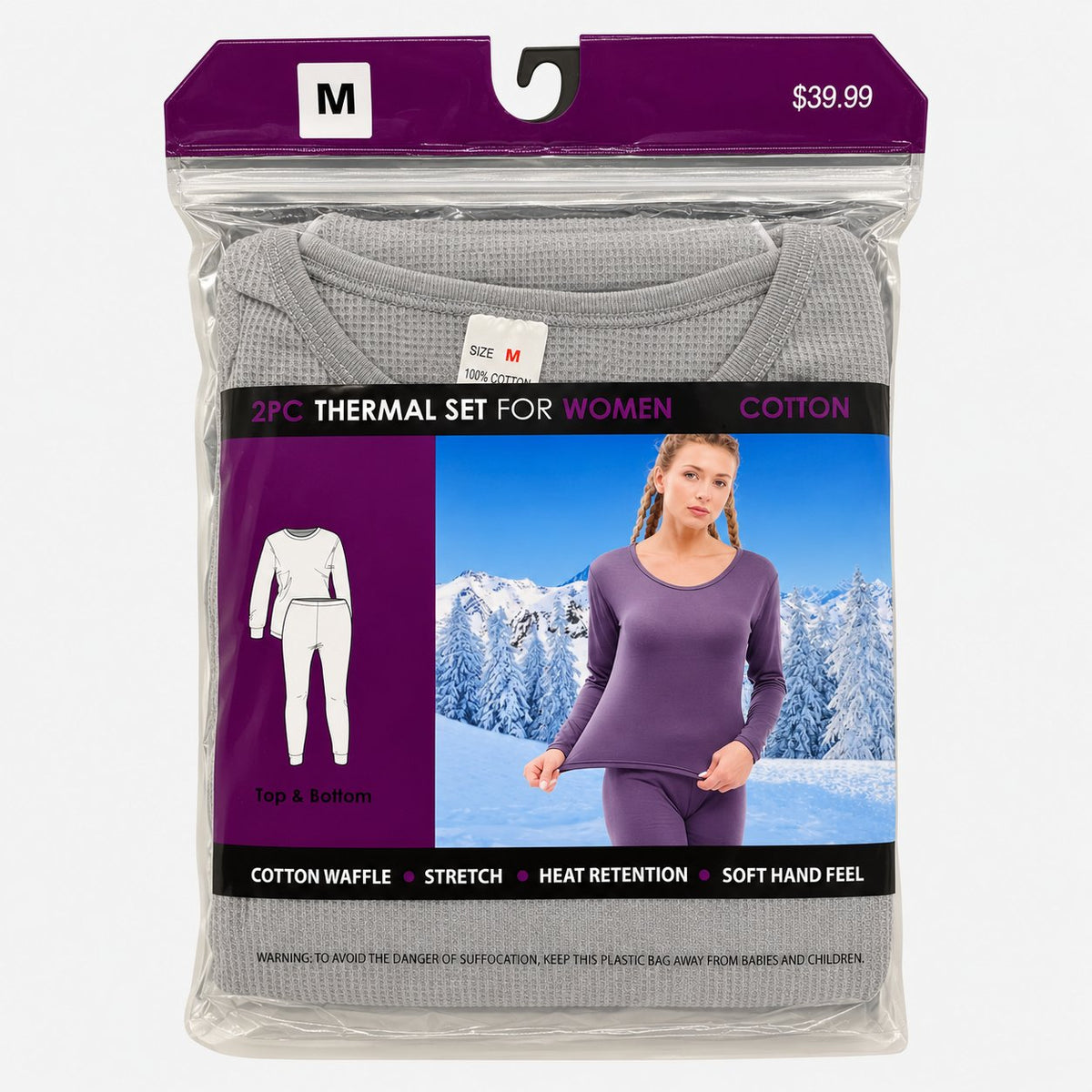 Gray women's thermal underwear in retail packaging