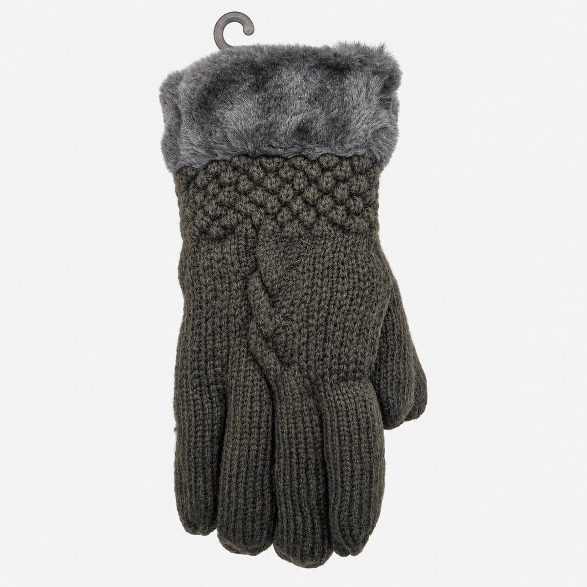Gray cable-knit winter gloves with fuzzy cuffs