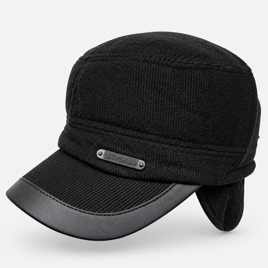 Black winter cap with a short curved brim and ear flaps