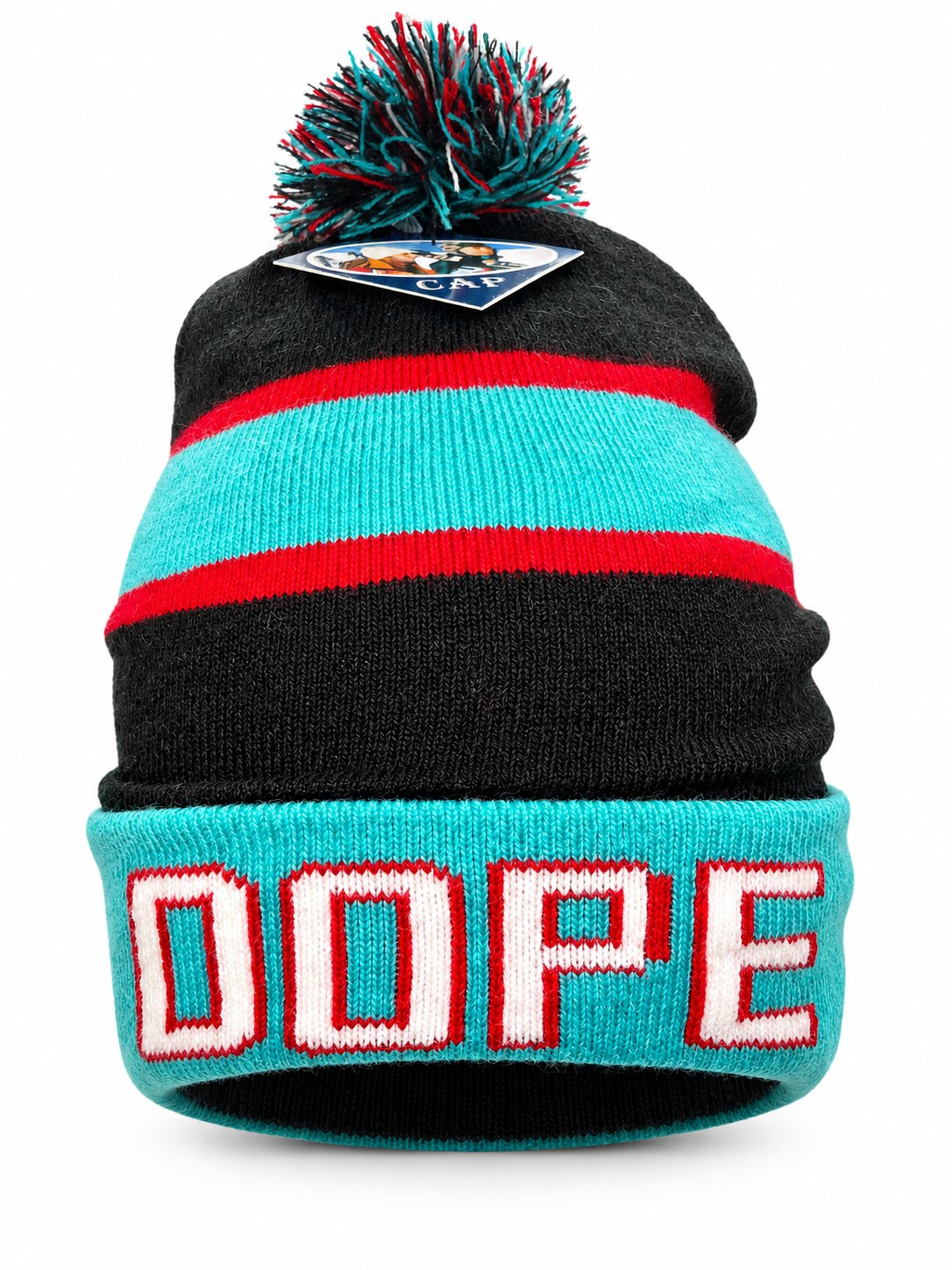 Gorros con pompón — Diseños de ciudades y palabras — colores: turquesa, negro