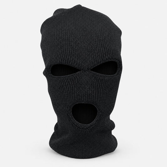 Black knitted ski mask with separate eye and mouth openings on a mannequin